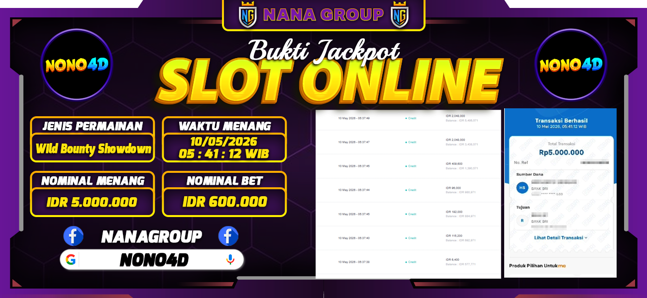 Bukti Kemenangan Besar Dibayar lunas Member NONO4D RP 5.000.000, 10 Mei 2026