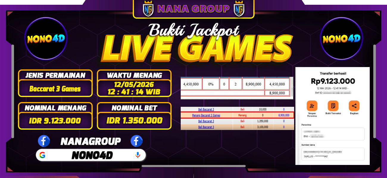 Bukti Kemenangan Besar Dibayar lunas Member NONO4D RP 9.123.000, 11 Mei 2026