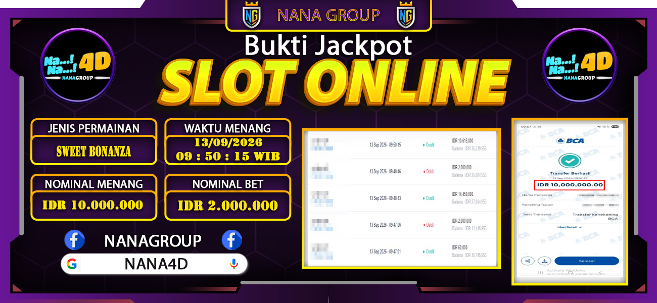 Bukti Kemenangan Besar Dibayar lunas Member NANA4D RP 10.000.000, 13 September 2026
