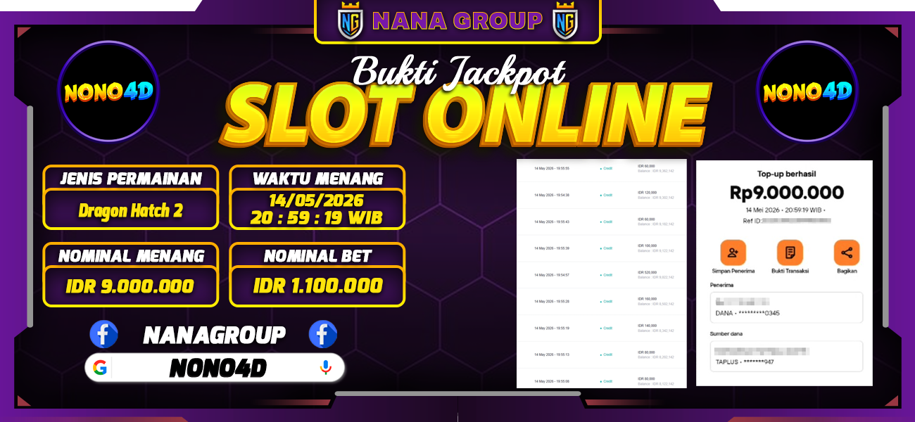 Bukti Kemenangan Besar Dibayar lunas Member NONO4D RP 9.000.000, 14 Mei 2026