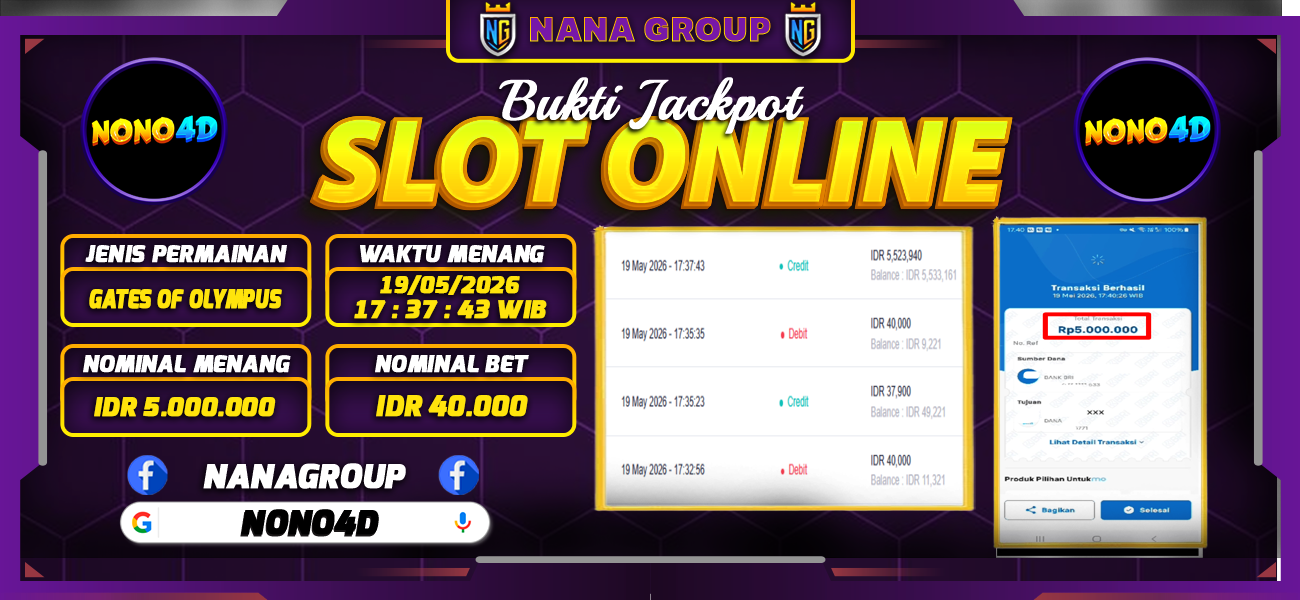 Bukti Kemenangan Besar Dibayar lunas Member NONO4D RP 5.000.000, 19 Mei 2026