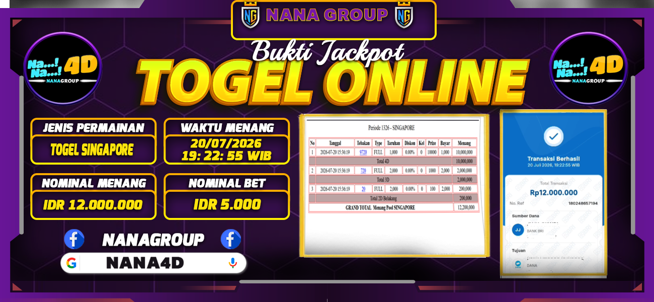 Bukti Kemenangan Besar Dibayar lunas Member NANA4D RP 12.000.000, 20 Juli 2026