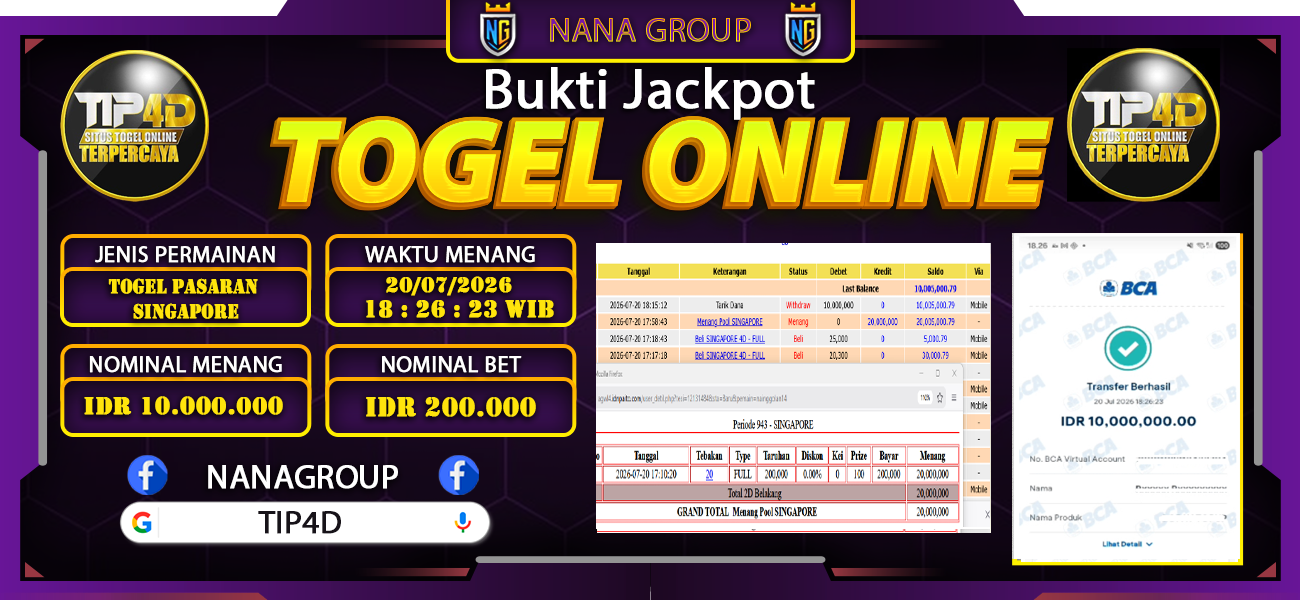 Bukti Kemenangan Besar Dibayar lunas Member TIP4D RP 10.000.000, 20 Juli 2026