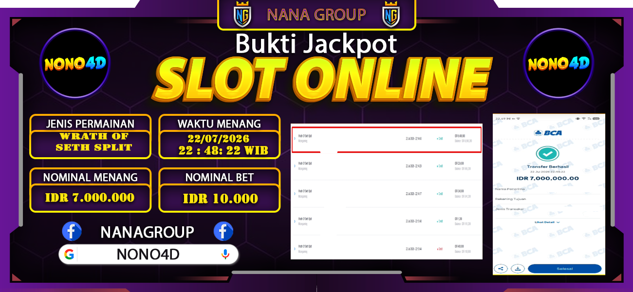 Bukti Kemenangan Besar Dibayar lunas Member NONO4D RP 7.000.000, 22 Juli 2026