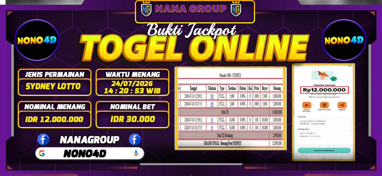 Bukti Kemenangan Besar Dibayar lunas Member NONO4D RP 12.000.000, 24 Juli 2026