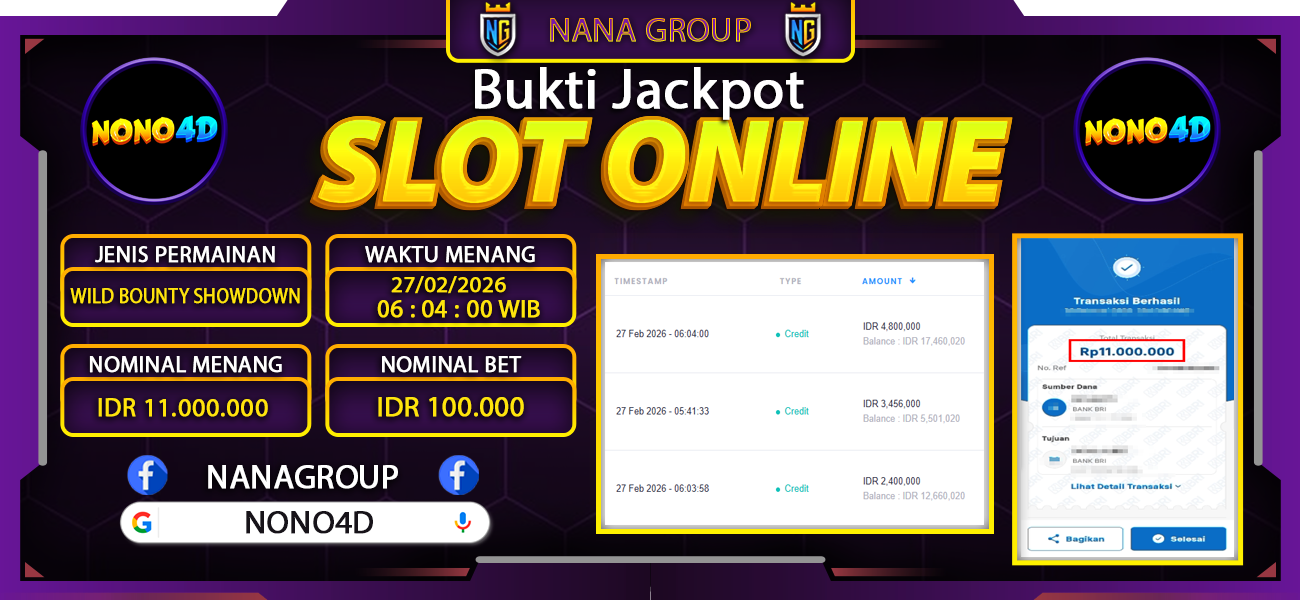Bukti Kemenangan Besar Dibayar lunas Member NONO4D RP 11.000.000, 27 Februari 2026