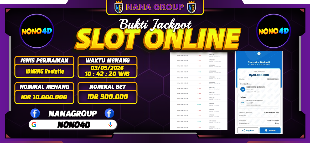 Bukti Kemenangan Besar Dibayar lunas Member NONO4D RP 10.000.000, 3 Mei 2026