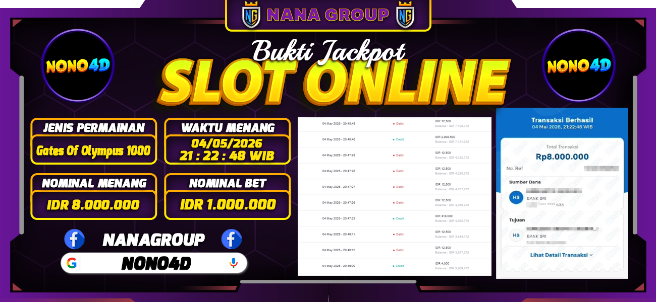 Bukti Kemenangan Besar Dibayar lunas Member NONO4D RP 8.000.000, 4 Mei 2026